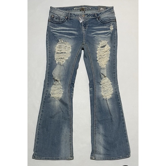 Blue Asphalt By Wet Seal Womens Boot Jeans Size 13 X 30 Blue Low Rise Distressed - Picture 1 of 8